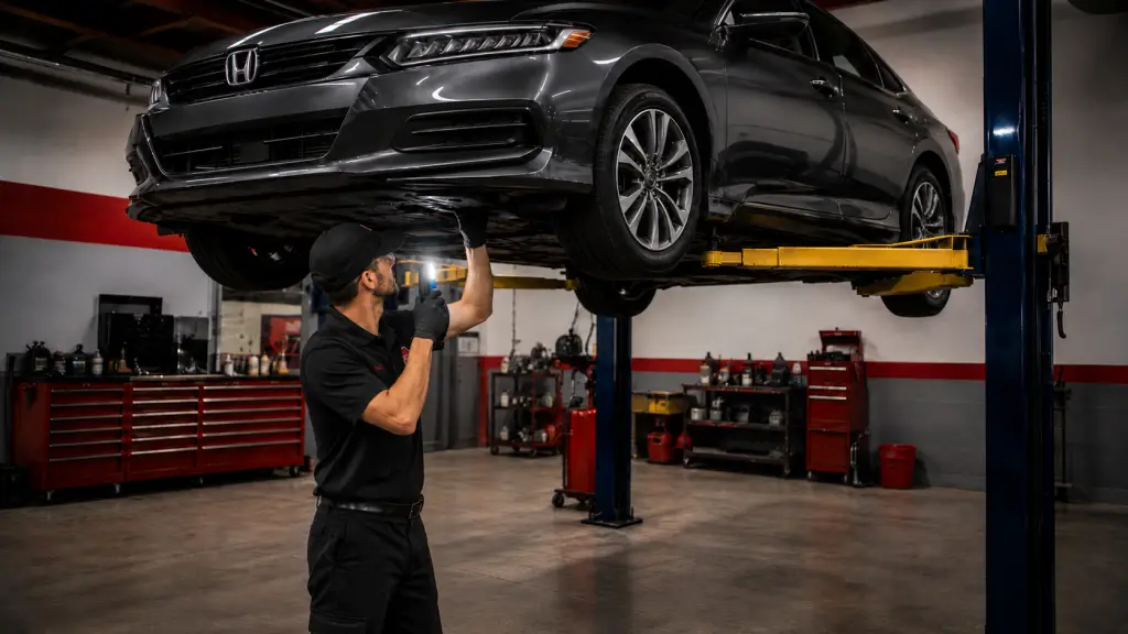 A Honda technician in a dark uniform performs maintenance checks.