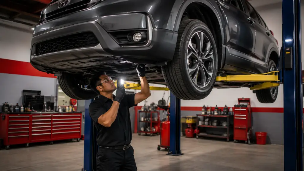 Technician performing scheduled maintenance on a Japanese import at All About Imports in Denton, TX.