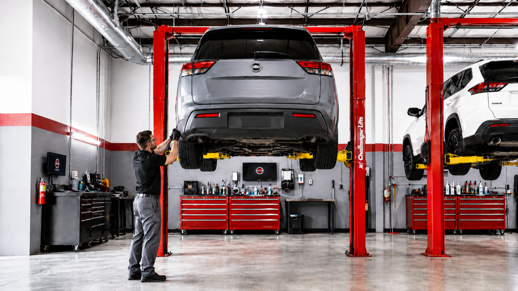 A clean Japanese Nissan Pathfinder raised on the lift, in a service bay, a technician in a dark uniform positioned in the back of the vehicle during a service inspection.