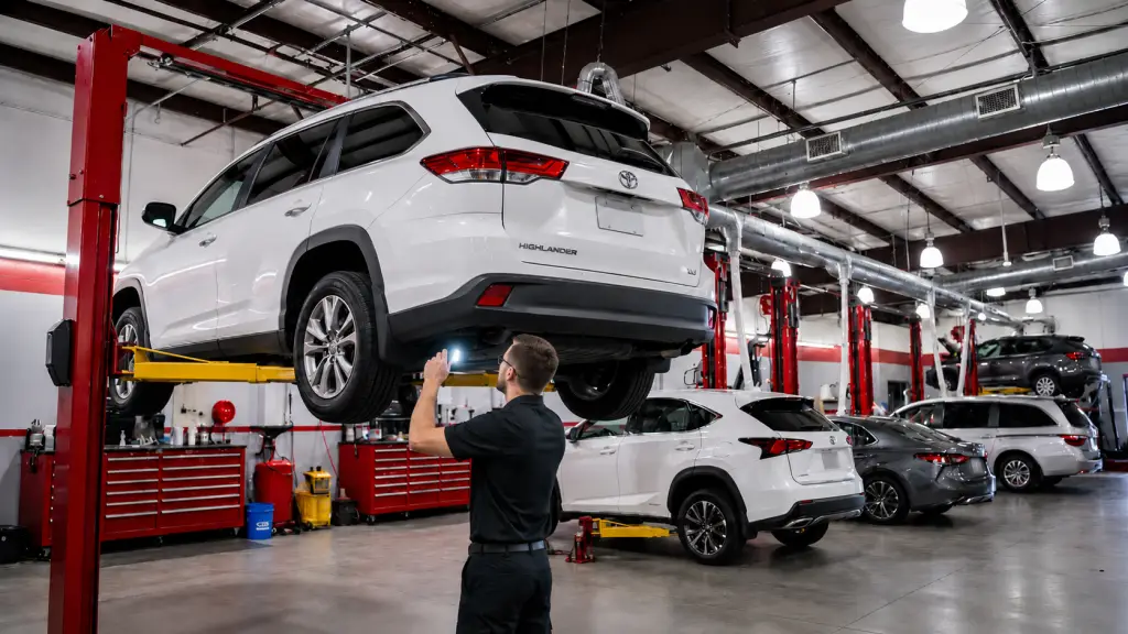 Technician performing maintenance on a Toyota at a Denton Import repair shop.